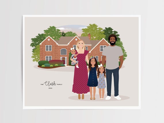 Custom Family And House Portrait Personalized Family Gift