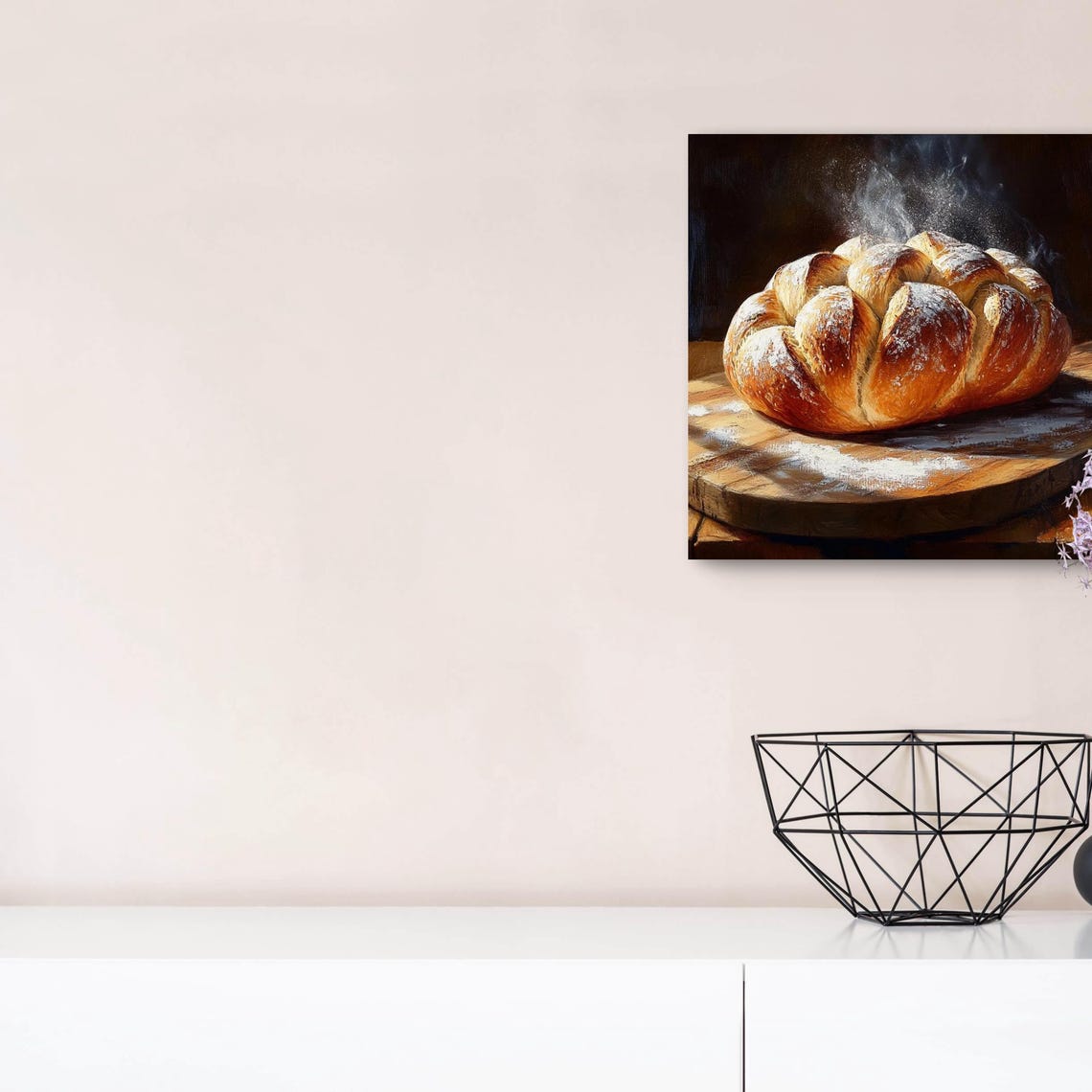 Freshly Baked Bread Loaf Steaming Rustic Kitchen Still Life Poster