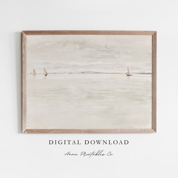 Tiny Sailboats on Calm Sea Minimalist Watercolor Seascape Poster
