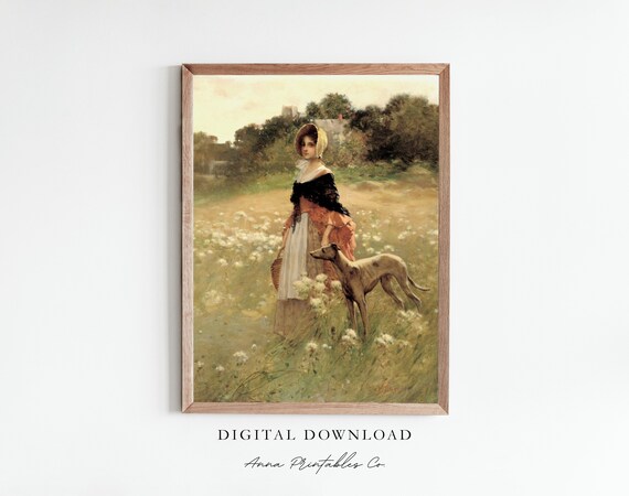 Woman in Bonnet with Greyhound in a Wildflower Meadow Poster