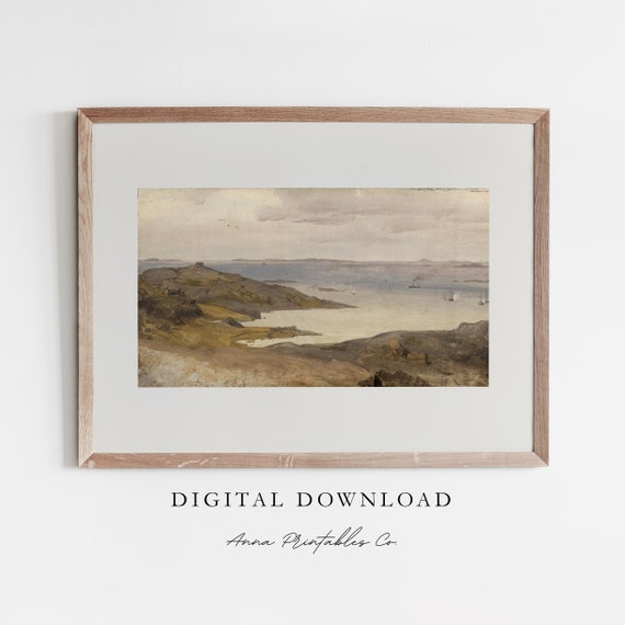 Copper Landscape Hillside And Lake Vintage Oil Print