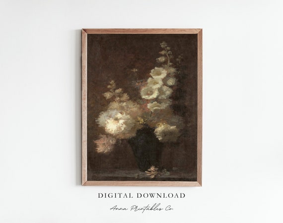 Still Life Iv Antique Moody Floral Painting For Vintage Dark Academia Decor Wall Art Cottage Home Print