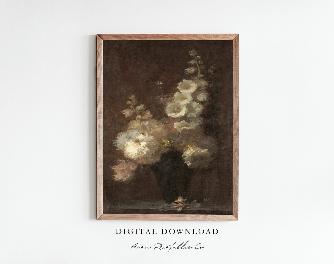 White Hollyhocks on Dark Background Moody Floral Still Life Print