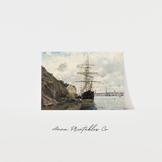 Vintage Tall Ship at Anchor in a Coastal Harbor Nautical Poster