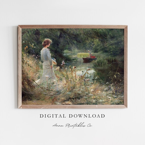 Antique Woman By The Stream Riverside Vintage Figure Scene Poster