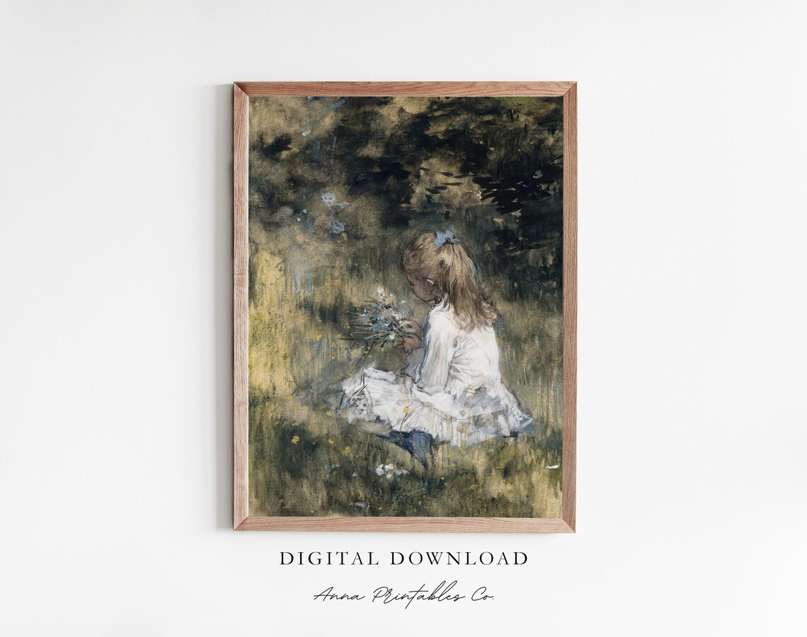 Girl Picking Wildflowers Impressionist Meadow Painting Poster