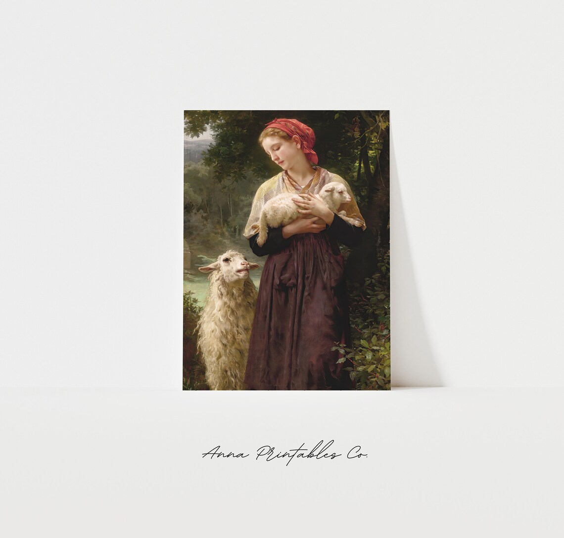 The Shepherdess Girl Holding Lamb With Sheep Antique Pastoral Poster