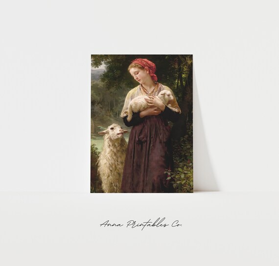 The Shepherdess Girl Holding Lamb With Sheep Antique Pastoral Poster