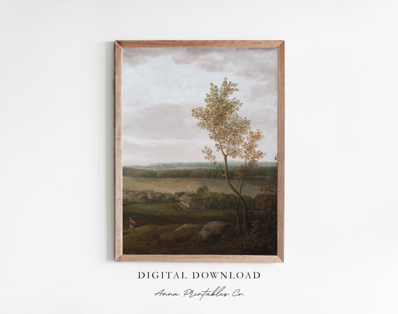 Overlooking The Village Antique Countryside Landscape Painting For Moody Muted Tone Wall Art Farmhouse Decor