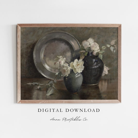 Still Life Xi Antique Roses And Dinner Plate Painting Vintage Kitchen Wall Art Moody Farmhosue Decor Print