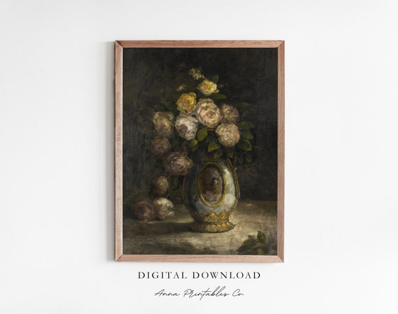 Still Life Xii Antique Rose Bouquet Painting For Dark Academia Wall Art Moody Cottage Fine Art Print Decor
