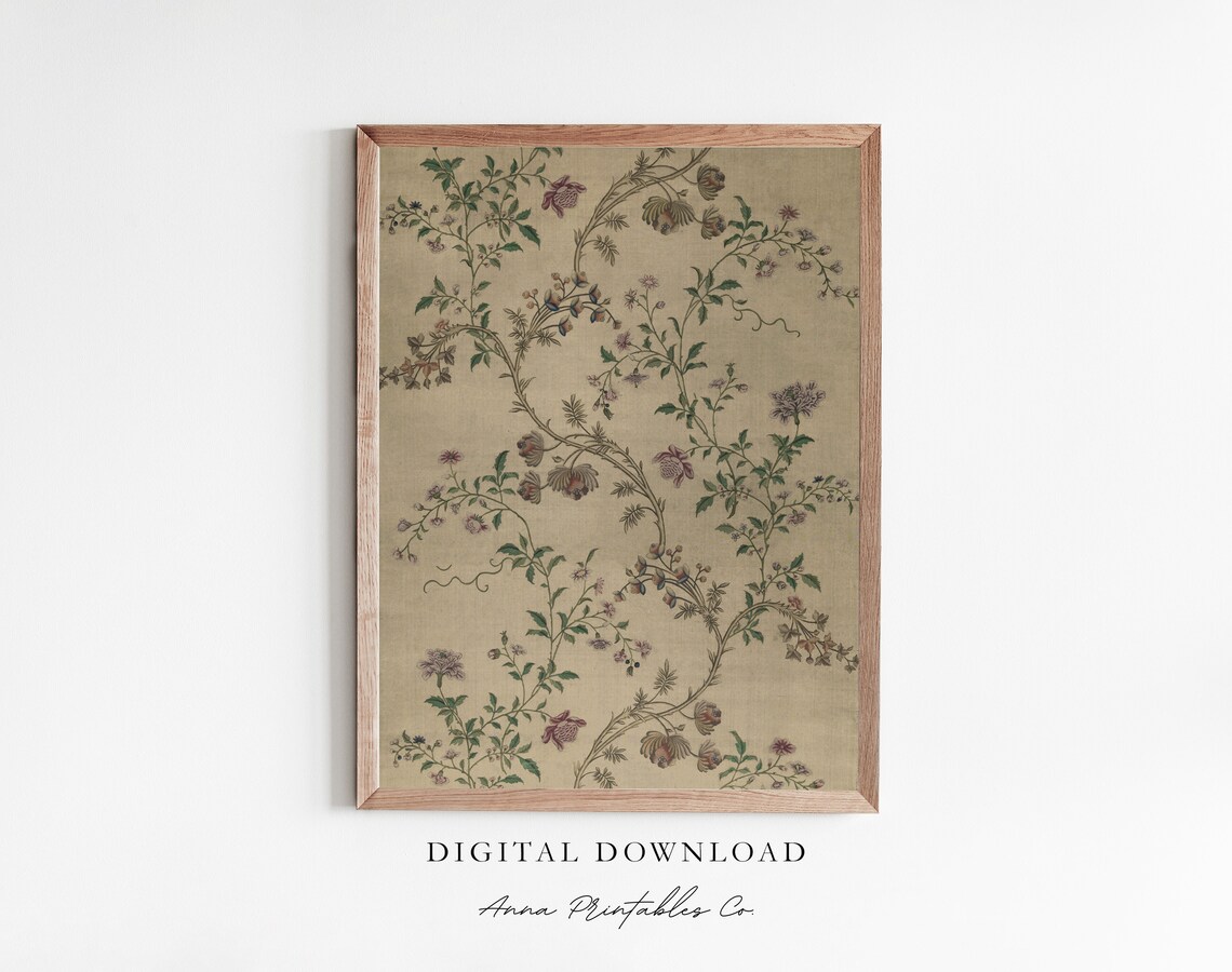 Antique Japanese Silk Textile Flower Vines Pattern Art Print