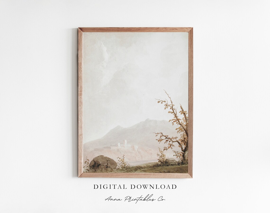 Calm Neutral Minimalist Mountain Landscape Watercolor Art Poster
