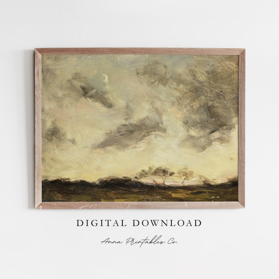 Sky At Dusk Vintage Oil Painting Yellow Sky Wall Art Landscape Painting Wall Art Print Neutral Tone Art Print
