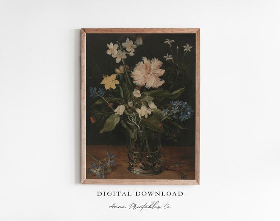 Dark Floral Art Print Moody Oil Painting Artwork Bouquet Of Flowers In A Vase Vintage Wall Art Antique Art