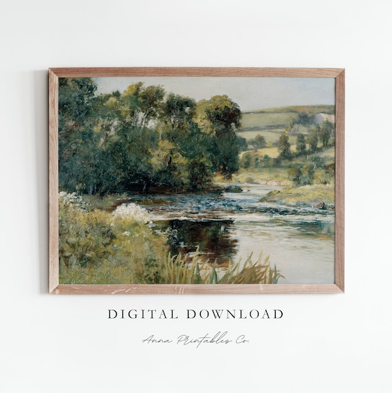 Vintage River Landscape Green Trees Countryside Painting Poster