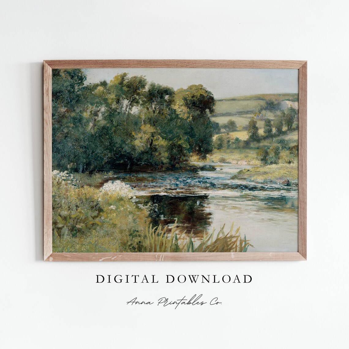 Vintage River Landscape Green Trees Countryside Painting Poster