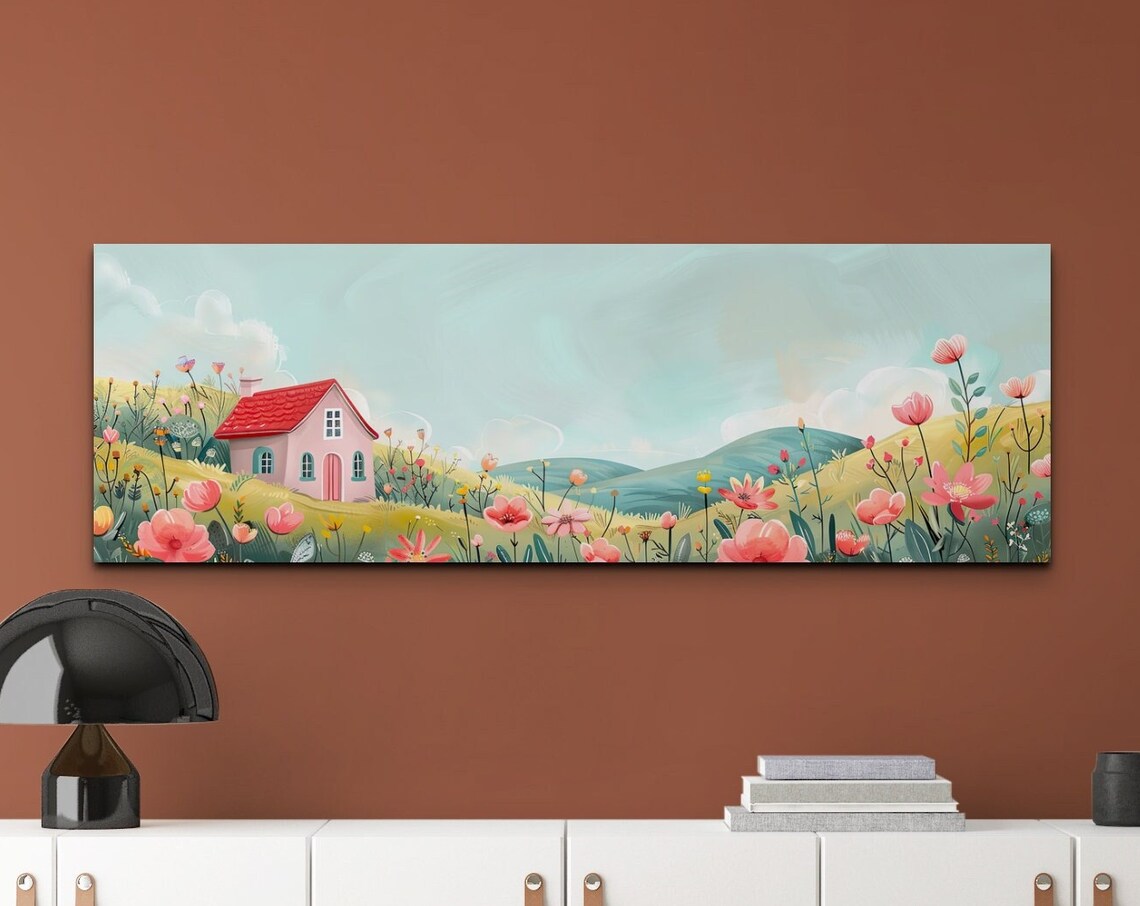 Pink Cottage on Flower Hill Pastel Folk Art Landscape Poster