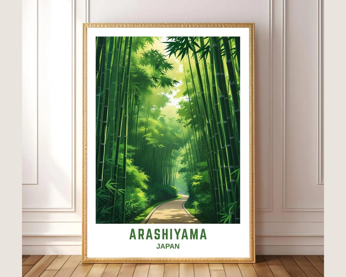 Arashiyama Japan Green Bamboo Forest Path Sunlight Travel Poster