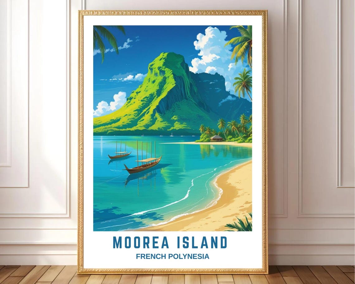 Moorea Island French Polynesia Mountain Lagoon Canoe Beach Poster