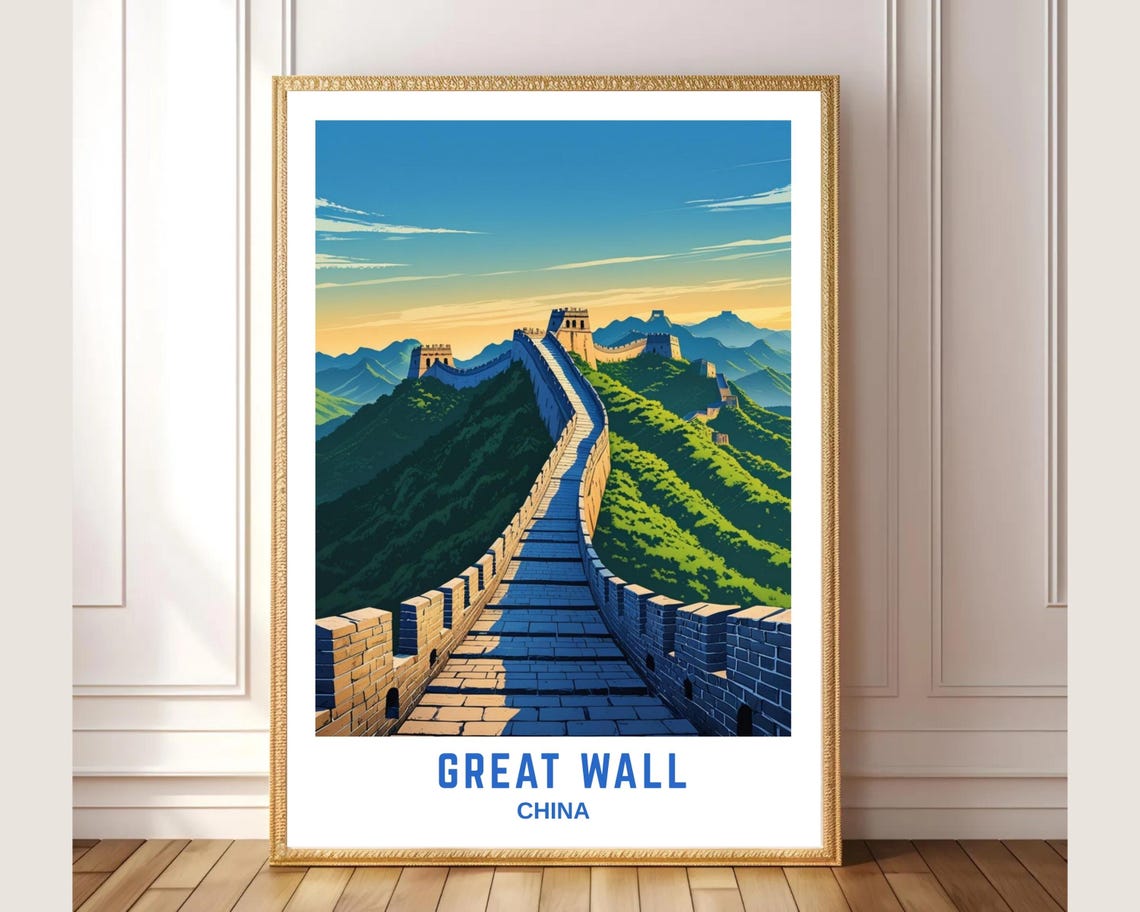 Great Wall of China Travel Poster Winding Mountain Fortress Sunset