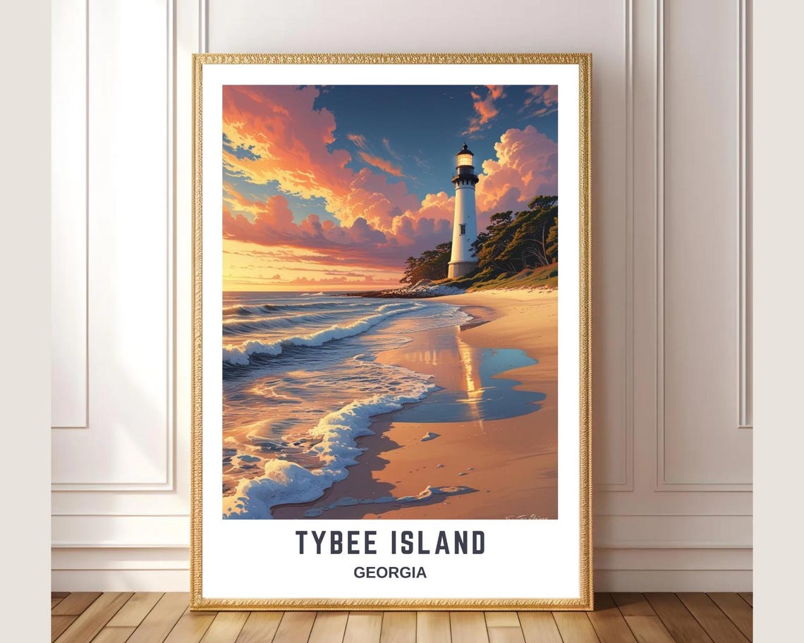 Tybee Island Georgia Lighthouse Sunset Beach Ocean Waves Poster