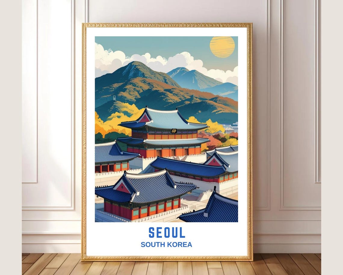 Seoul South Korea Travel Poster Palace Mountains Vintage Style Art