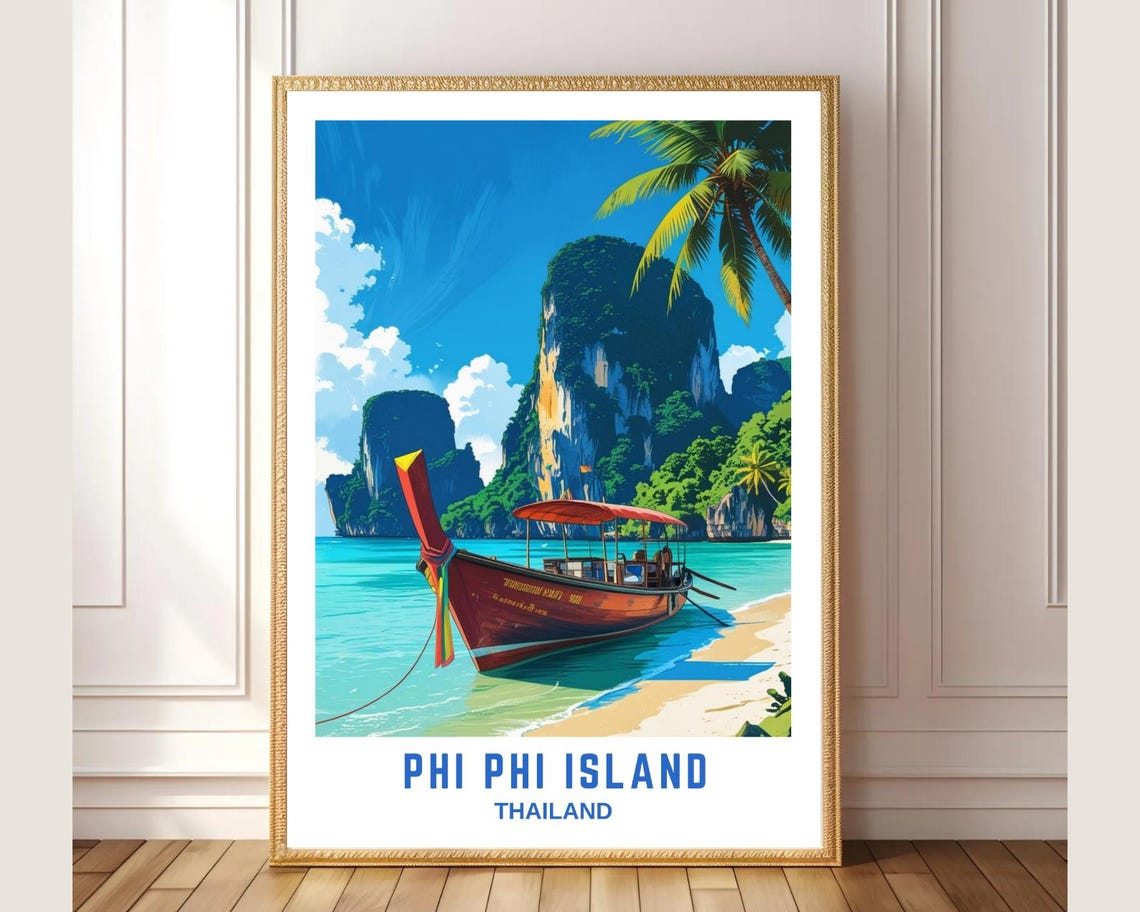 Phi Phi Island Thailand Travel Poster Longtail Boat Limestone Cliffs