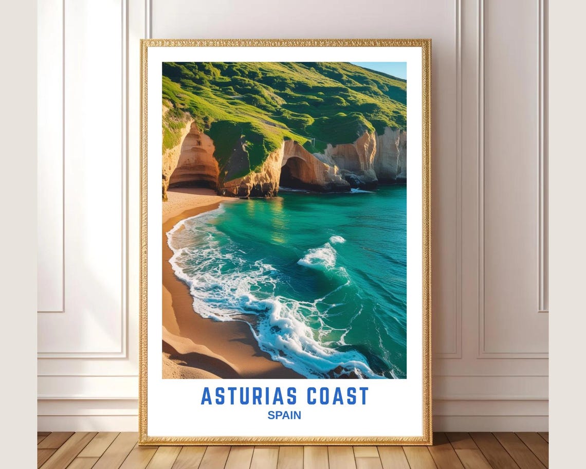 Asturias Coast Spain Turquoise Waves Cliff Beach Travel Poster