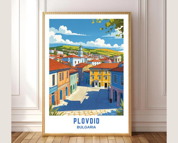 Plovdid Bulgaria Old Town Cobblestone Street Corner Travel Poster