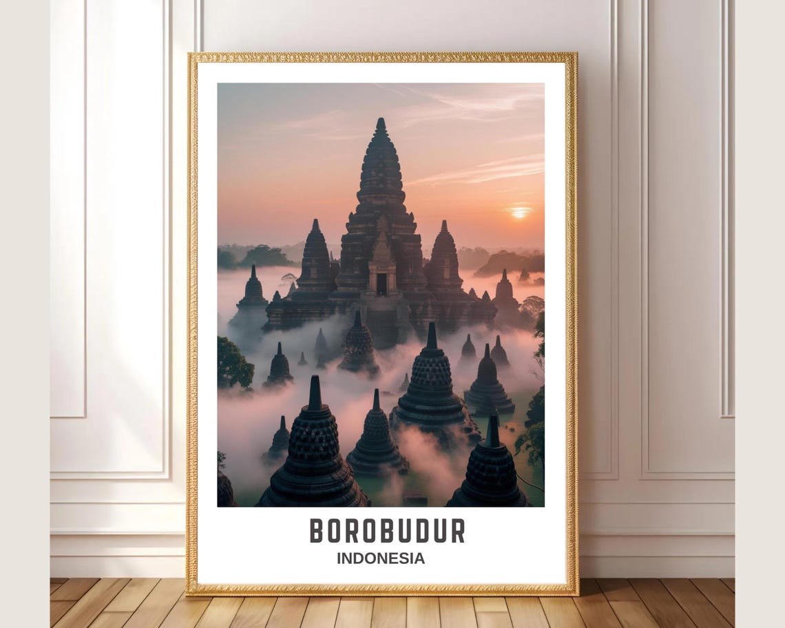 Borobudur Indonesia Temple Stupas Sunrise Mist Travel Art Poster