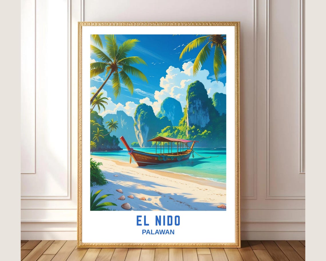 El Nido Palawan Longtail Boat Limestone Cliffs Beach Travel Art Poster