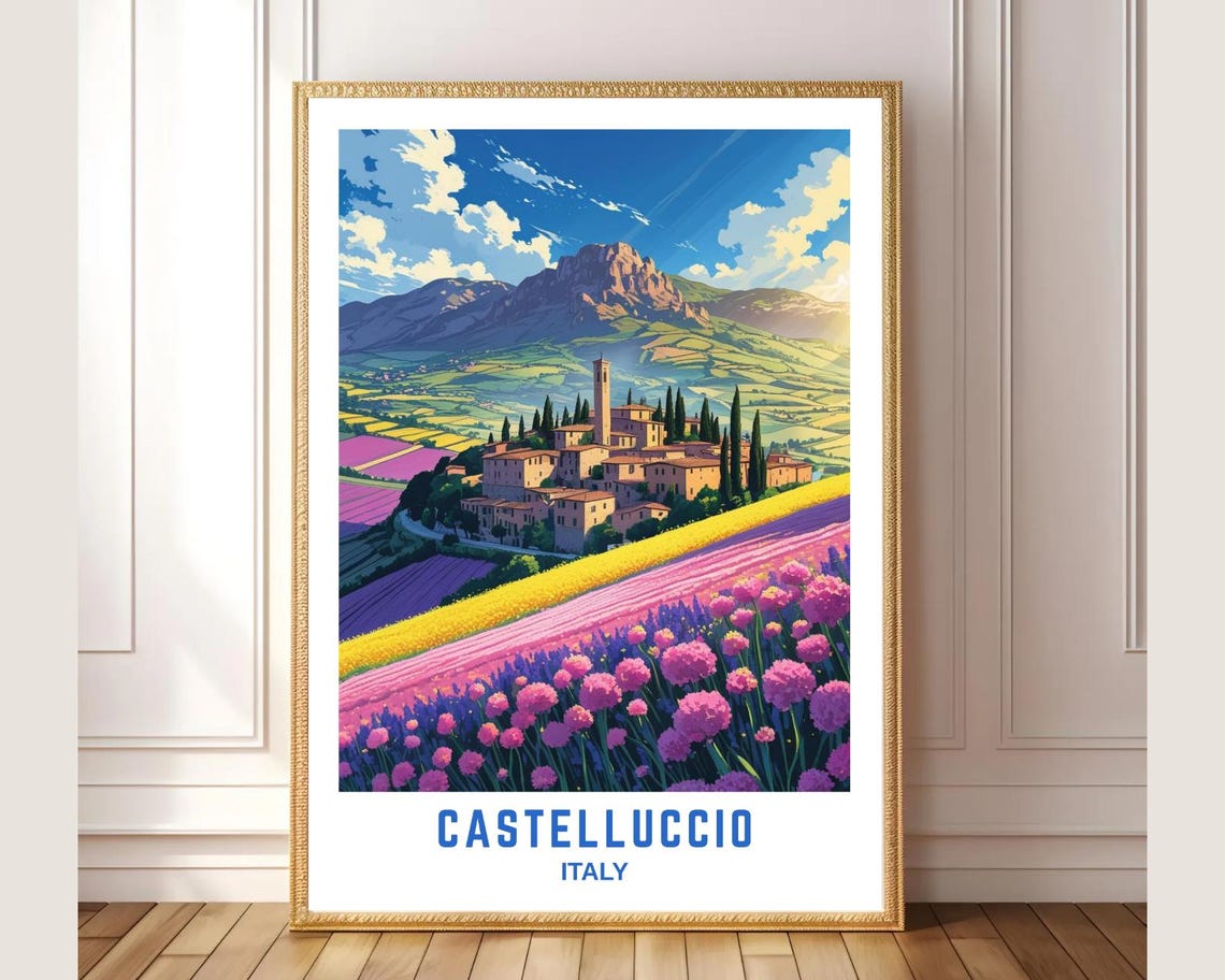Castelluccio Italy Blooming Flower Fields Village Hill Travel Poster