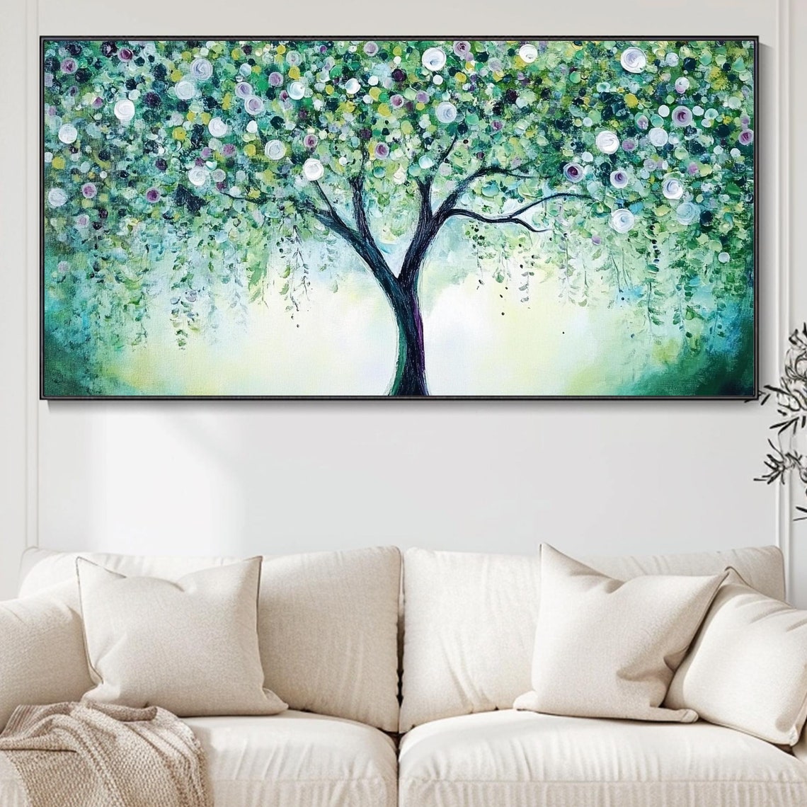 Teal Green Tree Of Life With Blossoms Abstract Impasto Poster