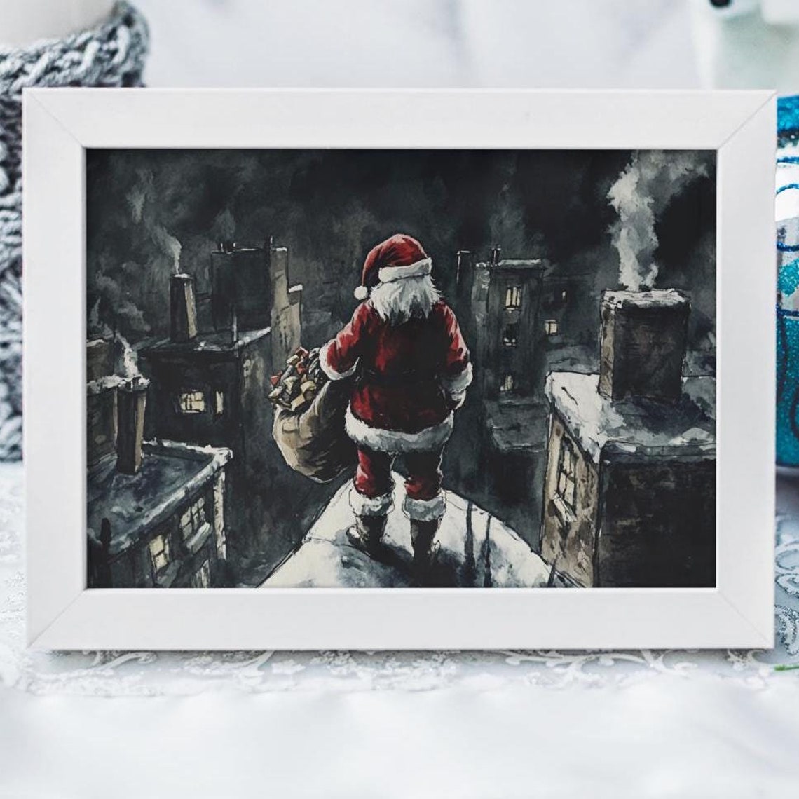 Vintage Santa Claus Print With Santa Painting On A Rooftop Winter Gifts Wall Art Christmas Decor Festive Home Santa Decoration Xmas Wall Art