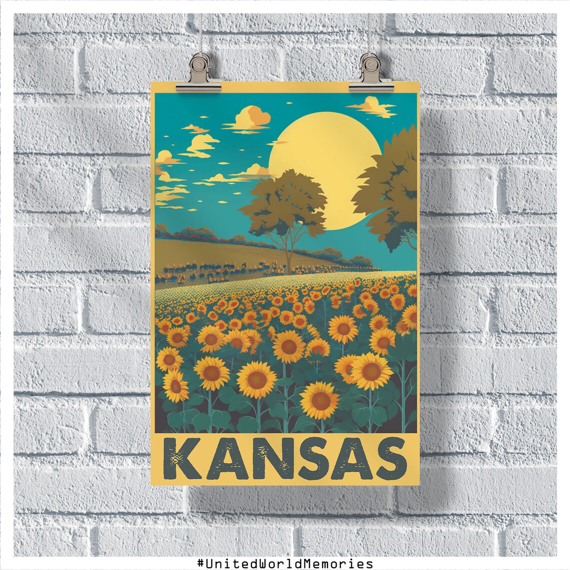 Kansas Sunflower Field Sunset Golden Harvest Vintage Travel Poster