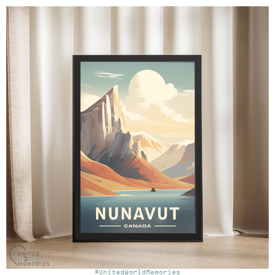 Nunavut Canada Arctic Mountain Lake Sunset Lone Boat Travel Poster - Image 4