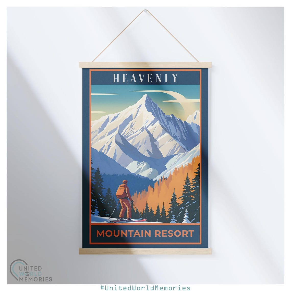 Heavenly Mountain Resort Skier Snowy Peak Alpine Orange Travel Poster - Image 5