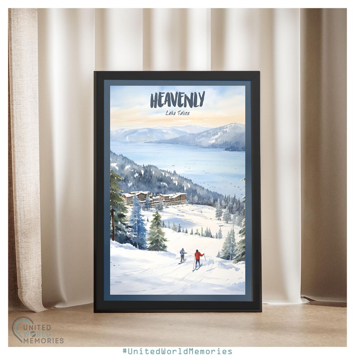 Heavenly Lake Tahoe Ski Village Watercolor Winter Scene Travel Poster - Image 4