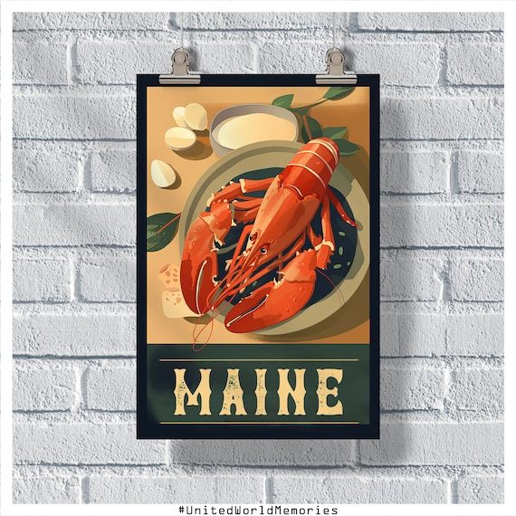 Maine Travel Poster Maine Lobster Poster Maine Vintage Poster Wall Decor State Poster Maine Print Maine Retro Poster Lobster Wall Art