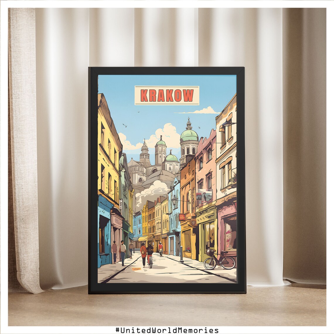 Krakow Poland Vintage Travel Poster Old Town Street Church Domes Art