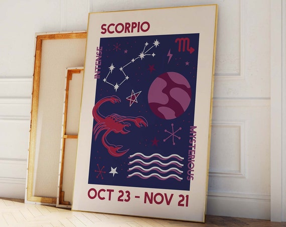 Scorpio Zodiac Print Art Trendy Astrology Poster Blue Retro Wall Art Star Sign Art Print Cute Trendy Wall Art