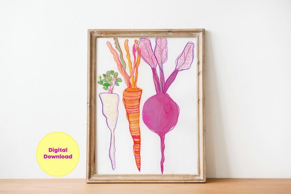 Turnip Vegetable Art Prints Kitchen Decor Food Poster Carrots Painting Watercolor Food Wall Art Prints