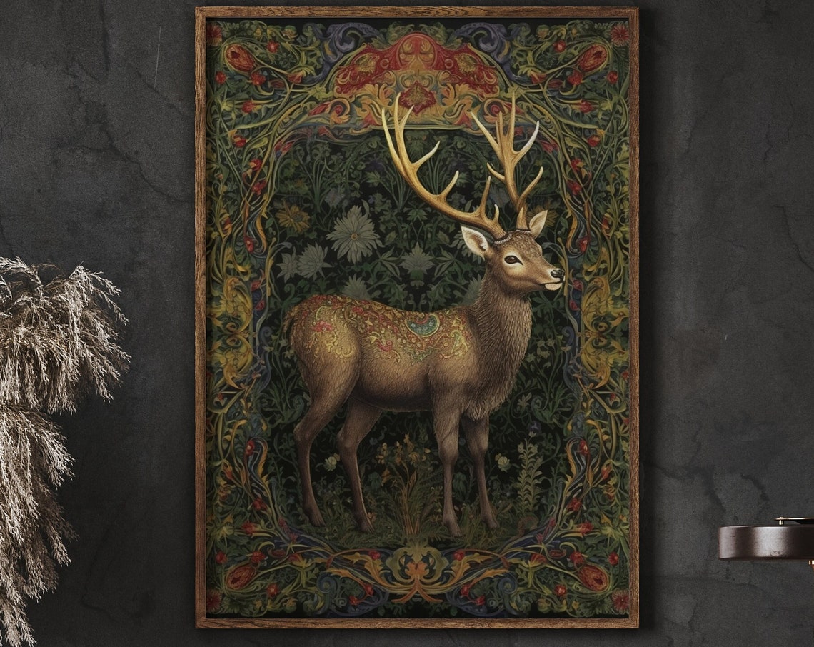 Stag With Paisley Marked Body on Dark Botanical Tapestry Poster