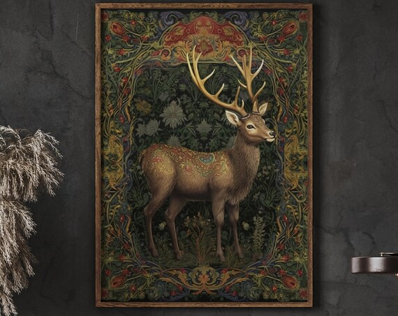 Stag With Paisley Marked Body on Dark Botanical Tapestry Poster