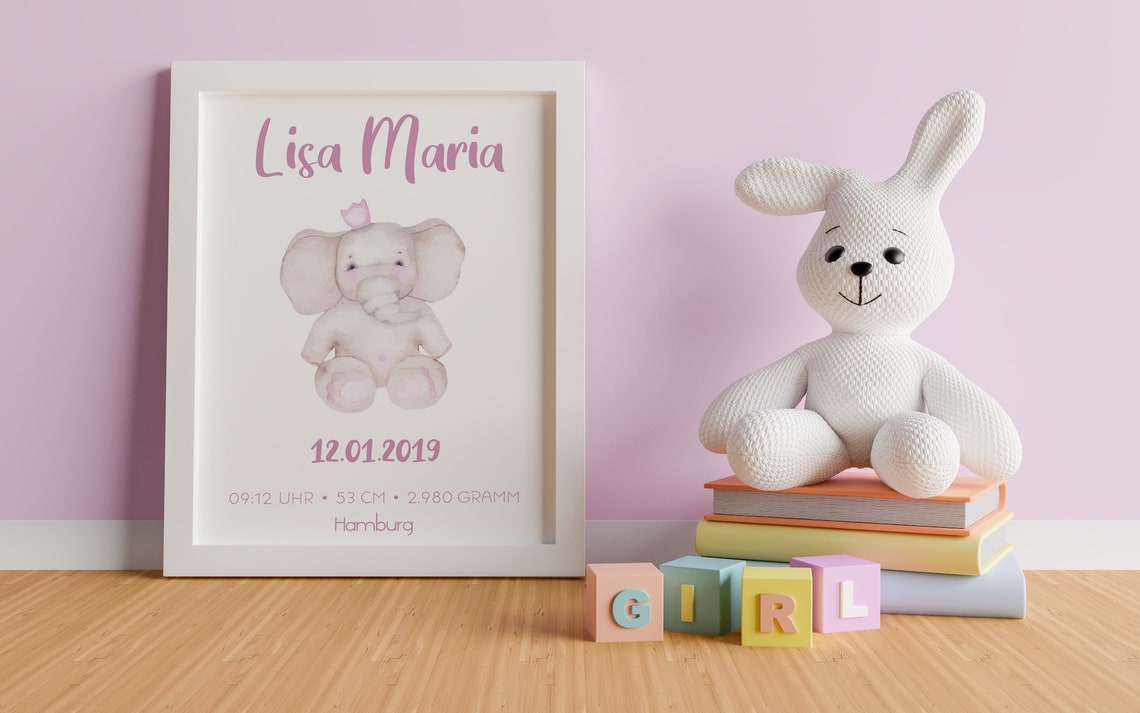 Personalized Pink Watercolor Elephant Baby Birth Stats Poster - Image 2