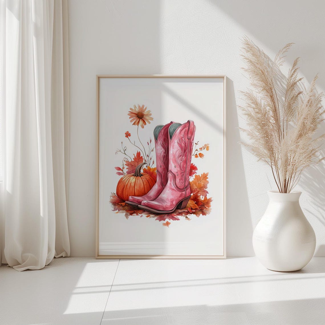 Pink Cowgirl Boots Pumpkin Fall Floral Watercolor Autumn Wall Poster