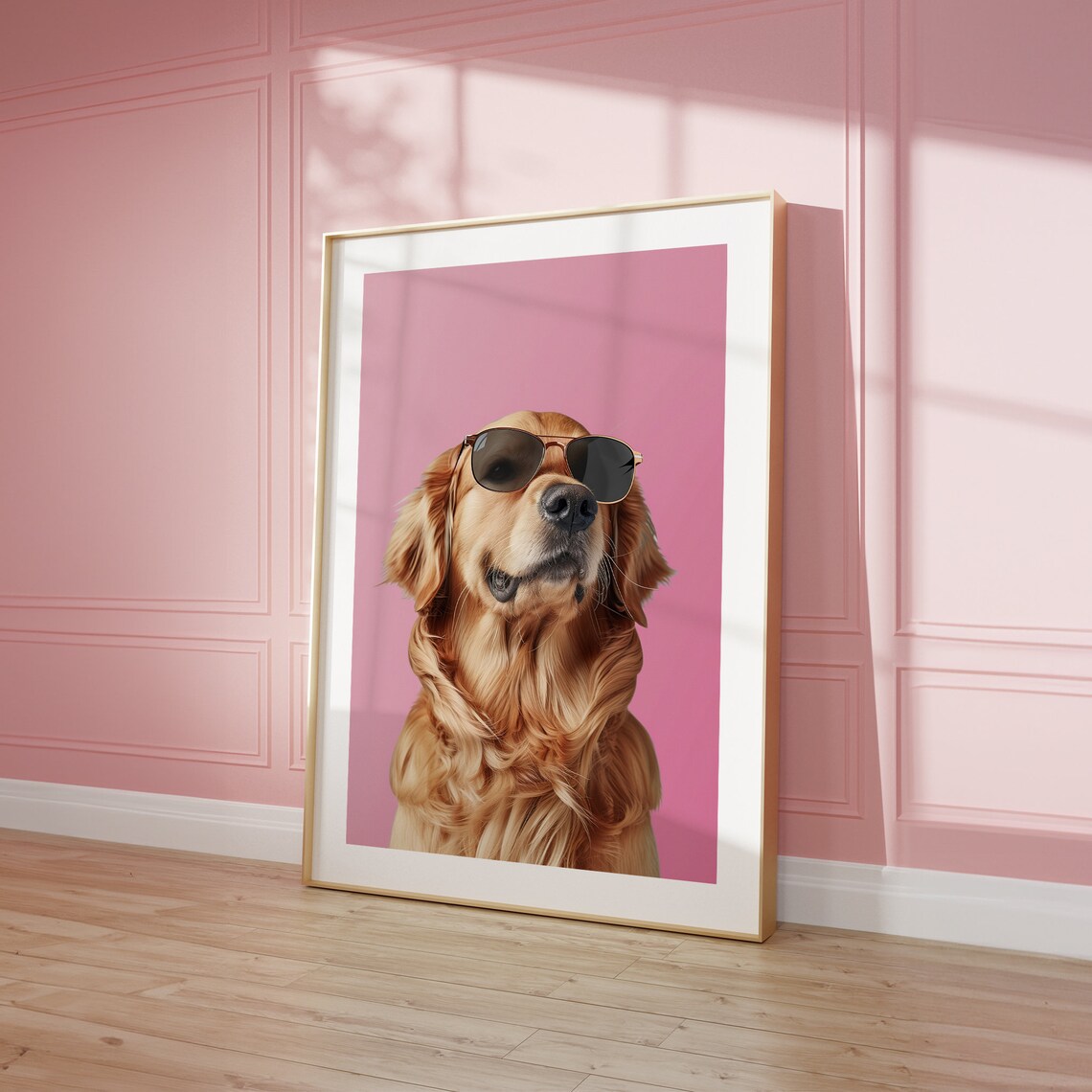 Cool Golden Retriever Sunglasses Pink Background Funny Dog Poster