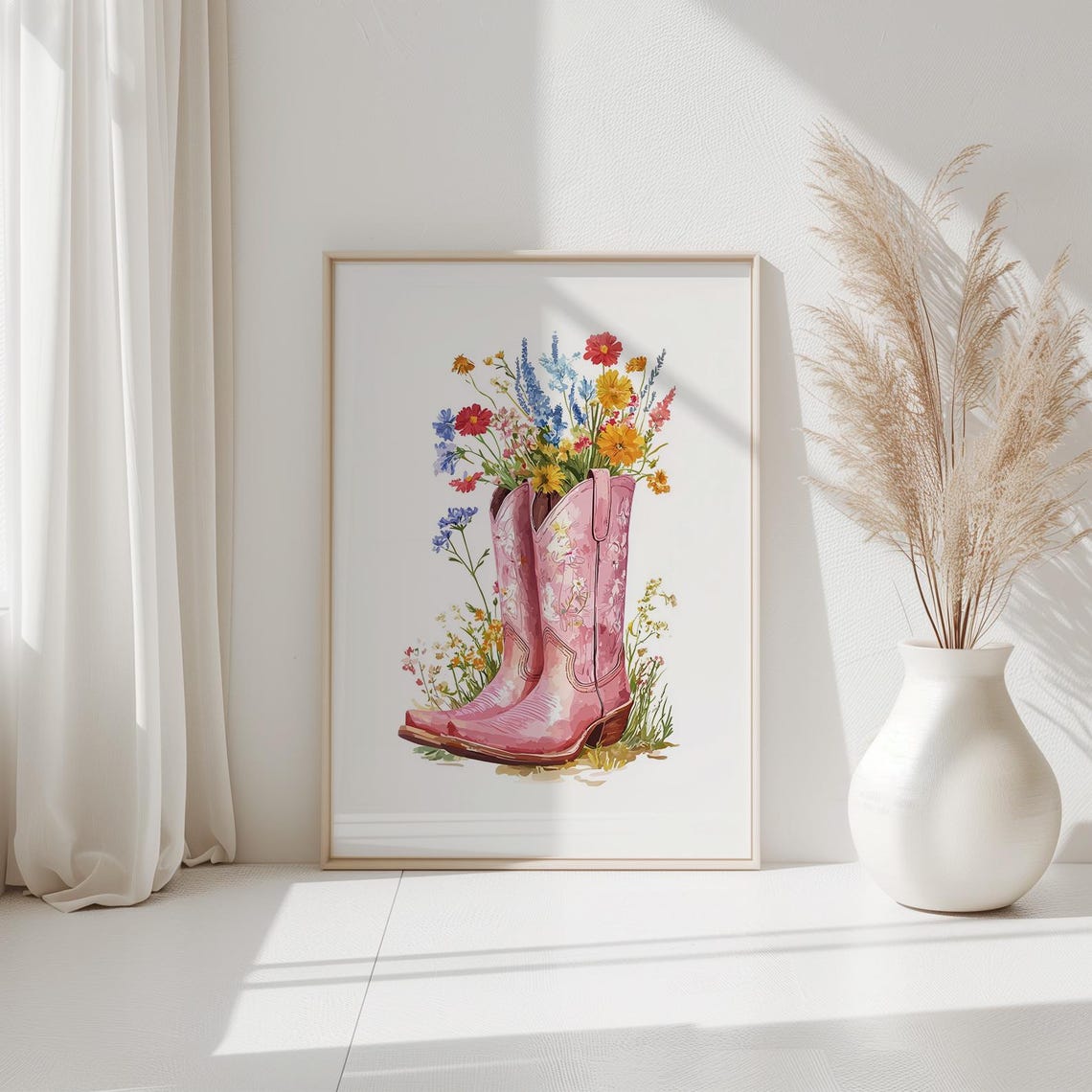Pink Cowboy Boots Wildflowers Watercolor Western Home Wall Art