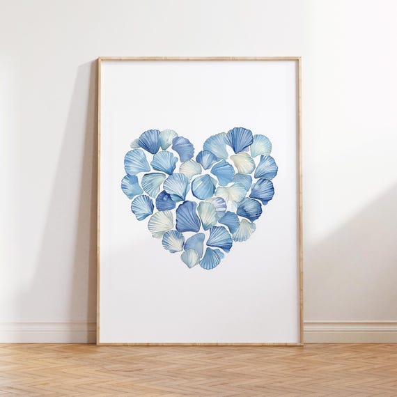 Ink Blue Seashell Heart Coastal Wall Art Cute Boho Summer Poster Print Trendy